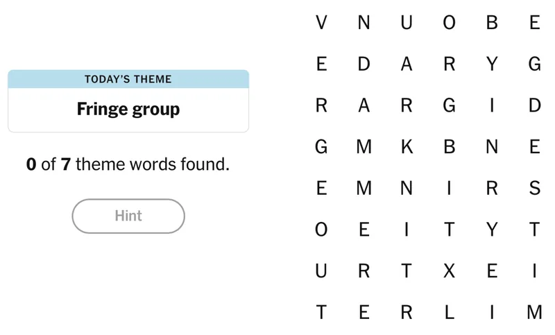 Completed NYT Strands board for April 6, 2026: Fringe group.
