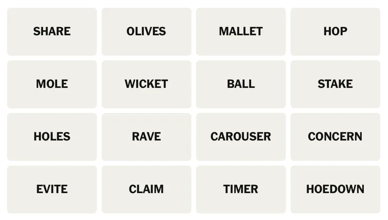 NYT Connections board for April 6, 2026: SHARE, OLIVES, MALLET, HOP, MOLE, WICKET, BALL, STAKE, HOLES, RAVE, CAROUSER, CONCERN, EVITE, CLAIM, TIMER, HOEDOWN.