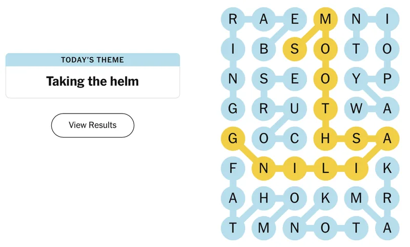 Completed NYT Strands board for April 7, 2026: Taking the helm.