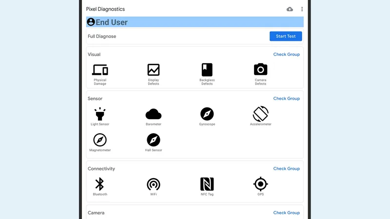 Pixel Repair Diagnostics App interface showing various test options.