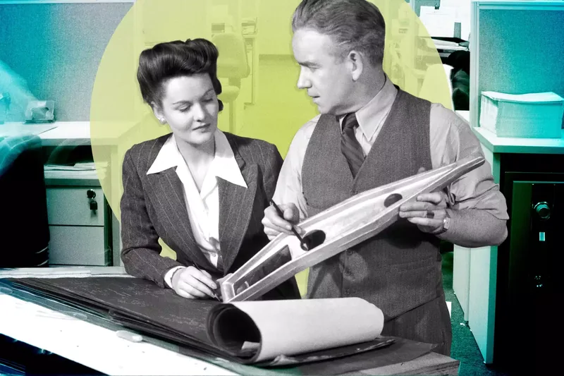 vintage image of a man and a woman looking at data in a book at work