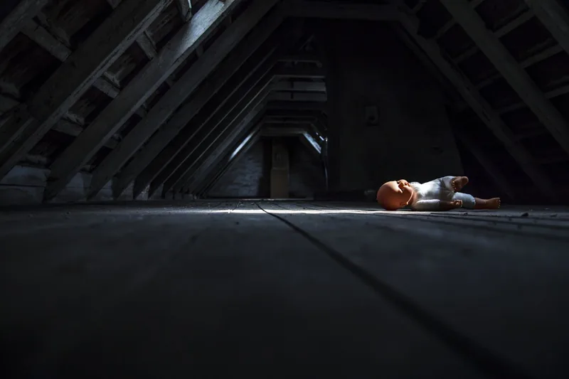 Doll laying in a dark empty attic