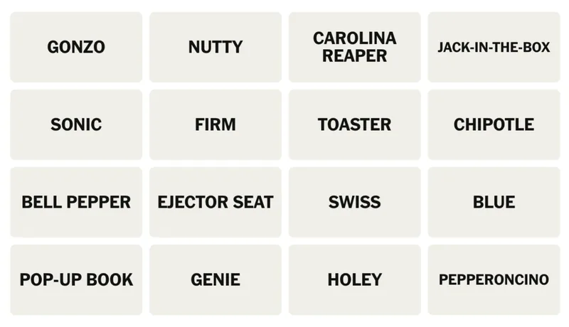 NYT Connections board for April 10, 2026: GONZO, NUTTY, CAROLINA REAPER, JACK-IN-THE-BOX, SONIC, FIRM, TOASTER, CHIPOTLE, BELL PEPPER, EJECTOR SEATS, SWISS, BLUE, POP-UP BOOK, GENIE, HOLEY, PEPPERONCINO.