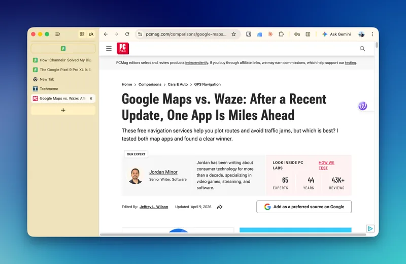 Google Chrome with vertical tabs enabled.