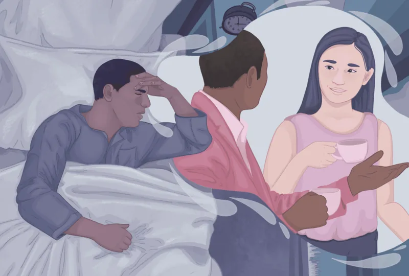 Woman waking up from a vivid dream, looking thoughtful.