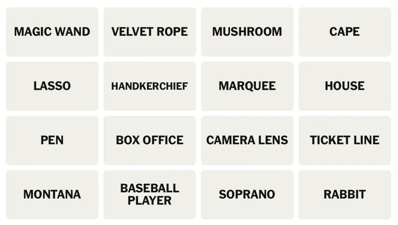 NYT Connections board for April 13, 2026: MAGIC WAND, VELVET ROPE, MUSHROOM, CAPE, LASSO, HANDKERCHIEF, MARQUEE, HOUSE, PEN, BOX OFFICE, CAMERA LENS, TICKET LINE, MONTANA, BASEBALL PLAYER, SOPRANO, RABBIT.