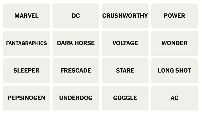 NYT Connections board for April 18, 2026: MARVEL, DC, CRUSHWORTHY, POWER, FANTAGRAPHICS, DARK HORSE, VOLTAGE, WONDER, SLEEPER, FRESCADE, STARE, LONG SHOT, PEPSINOGEN, UNDERDOG, GOGGLE, AC.