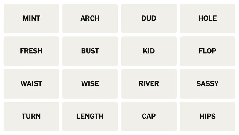 NYT Connections board for April 19, 2026: MINT, ARCH, DUD, HOLE, FRESH, BUST, KID, FLOP, WAIST, WISE, RIVER, SASSY, TURN, LENGTH, CAP, HIPS.