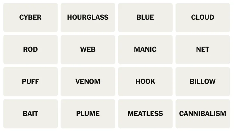 NYT Connections board for April 20, 2026: CYBER, HOURGLASS, BLUE, CLOUD, ROD, WEB, MANIC, NET, PUFF, VENOM, HOOK, BILLOW, BAIT, PLUME, MEATLESS, CANNIBALISM.
