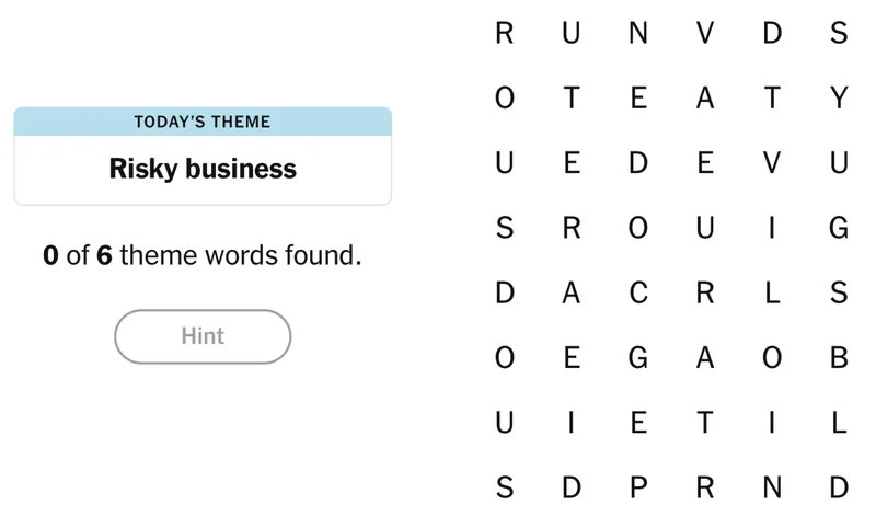 Completed NYT Strands board for April 21, 2026: Risky business.