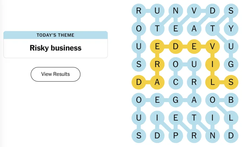 Completed NYT Strands board for April 21, 2026: Risky business.