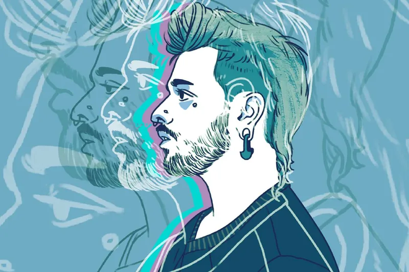 Group of people in discussion, some looking conflicted, others thoughtful, in a modern setting with subtle traditional patterns.