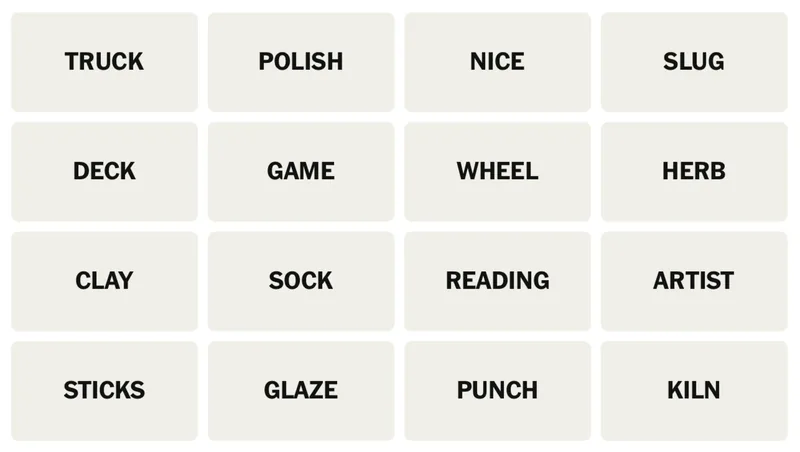 NYT Connections board for April 22, 2026: TRUCK, POLISH, NICE, SLUG, DECK, GAME, WHEEL, HERB, CLAY, SOCK, READING, ARTIST, STICKS, GLAZE, PUNCH, KILN.