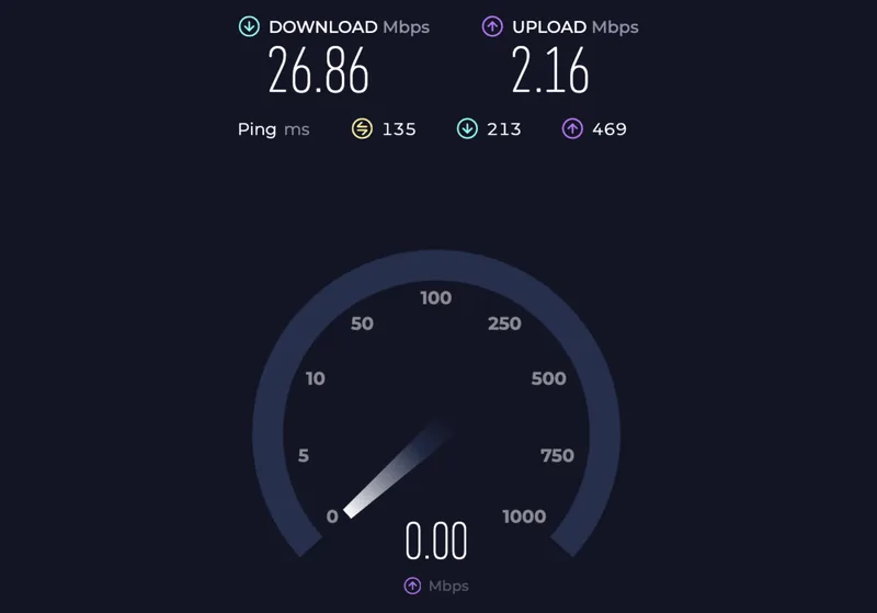 Solid Edge pocket wifi speed test results displaying a 26 Mbps download speeds and a 2 Mbps upload speed