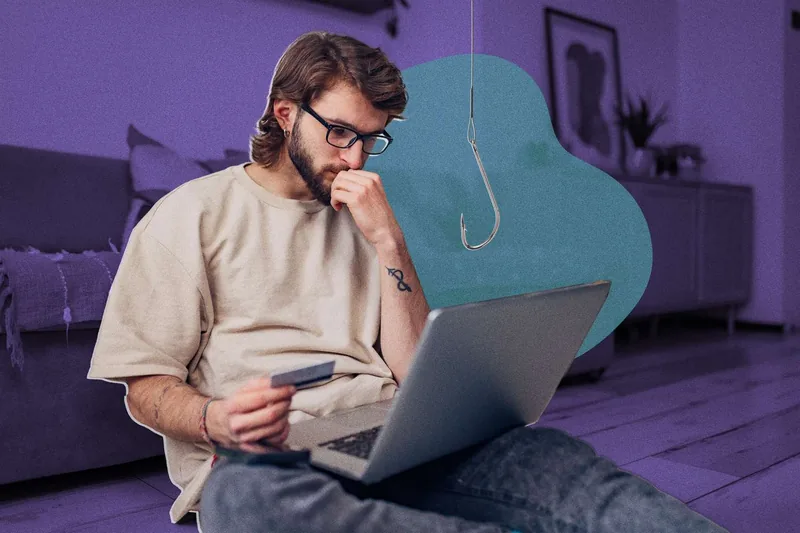 Original photo composite of man on his computer holding a credit card with a fishing hook in front of him