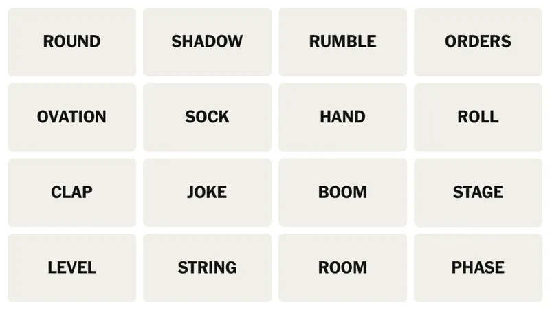 NYT Connections board for April 29, 2026: ROUND, SHADOW, RUMBLE, ORDERS, OVATION, SOCK, HAND, ROLL, CLAP, JOKE, BOOM, STAGE, LEVEL, STRING, ROOM, PHASE.