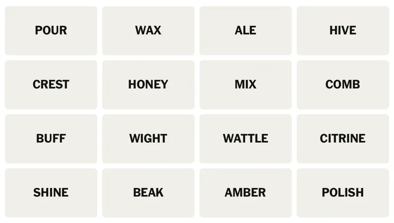 NYT Connections board for May 1, 2026: POUR, WAX, ALE, HIVE, CREST, HONEY, MIX, COMB, BUFF, WIGHT, WATTLE, CITRINE, SHINE, BEAK, AMBER, POLISH.