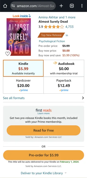 Screenshot of Amazon page on phone from the web browser showing the 'read for free' button.