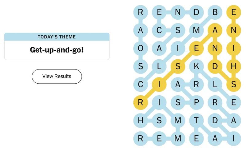 Completed NYT Strands board for May 6, 2026: Get-up-and-go!