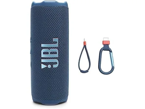 blue JBL Flip 7 Speaker with carabiner clip