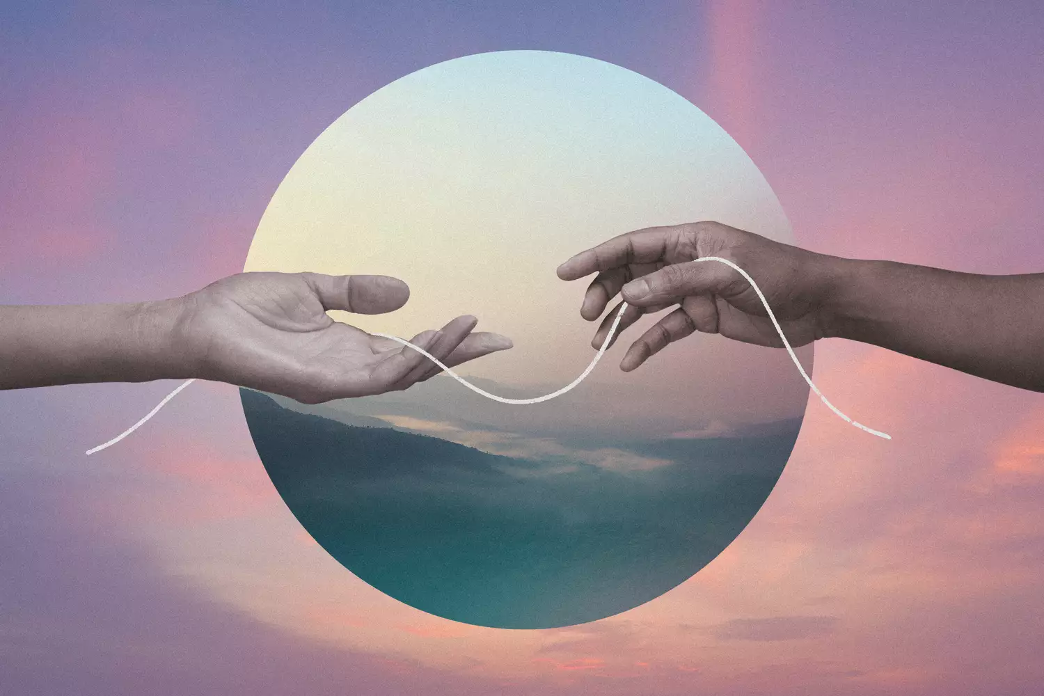 Two hands reaching for the other through a white string