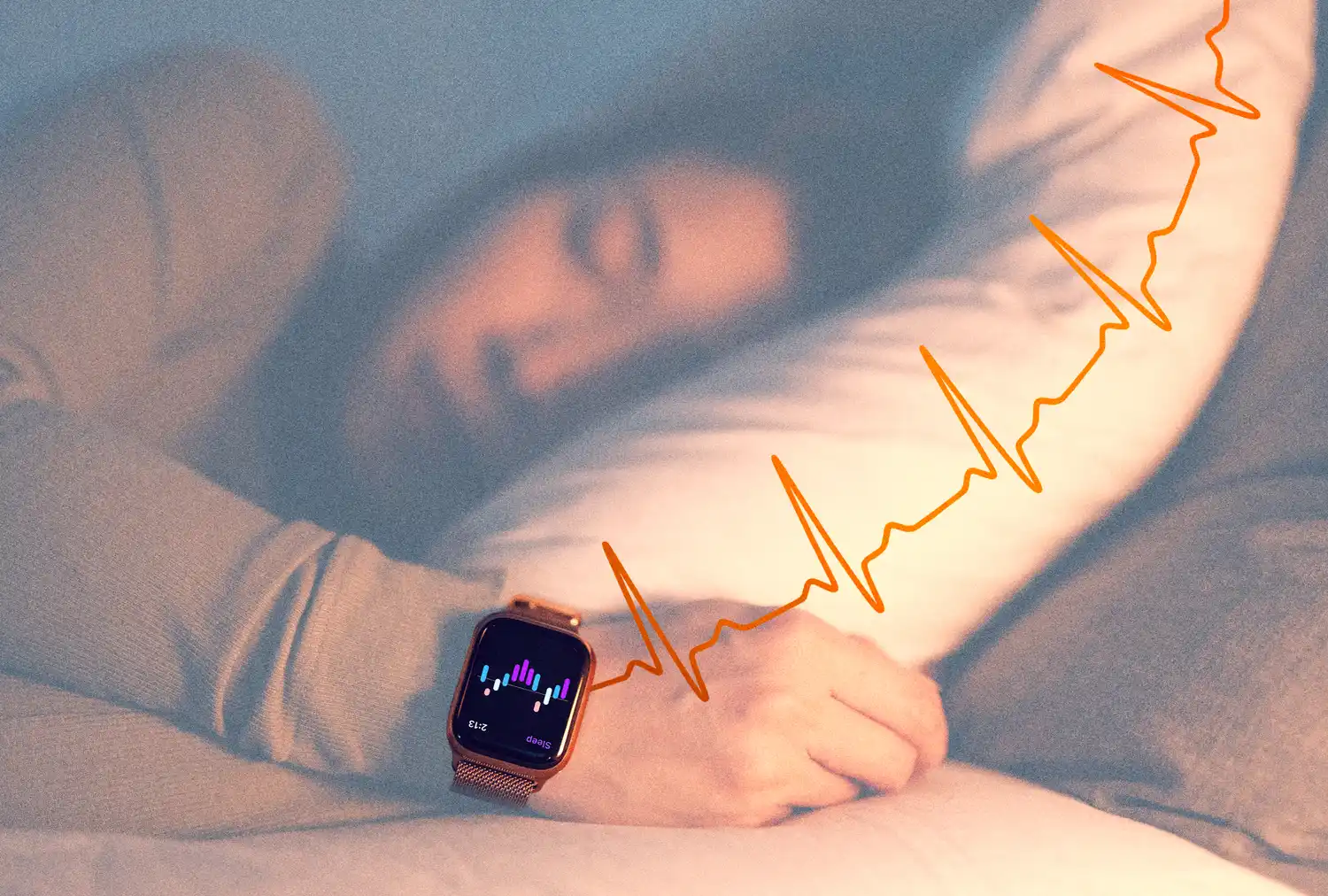 Person sleeping while wearing a smartwatch with a heart rate display alongside an overlay of a heart rate graph