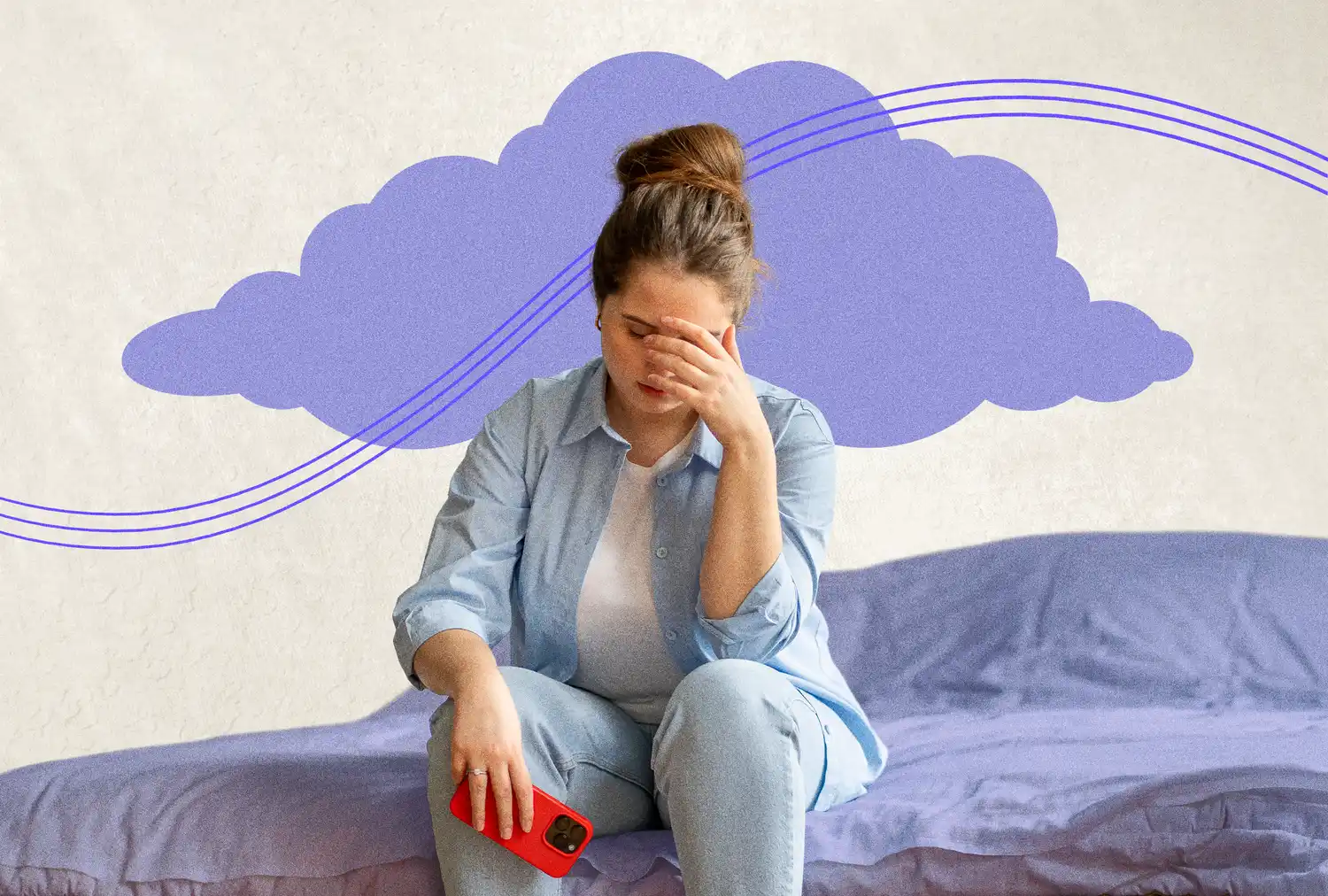 A person seated on a bed holding a phone appearing tired or contemplative with a cloud illustration in the background
