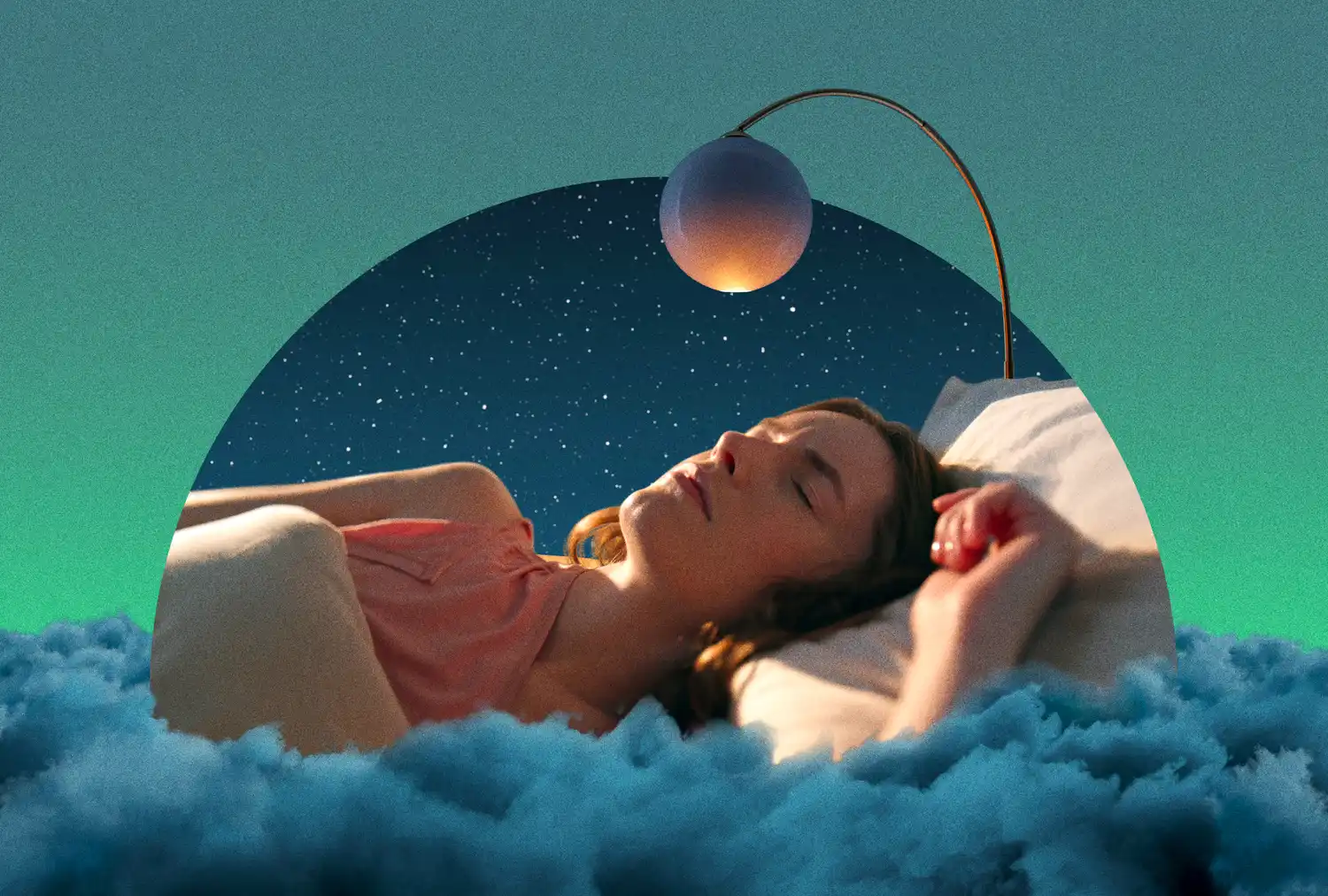 A person lying down with clouds and a dreamy background