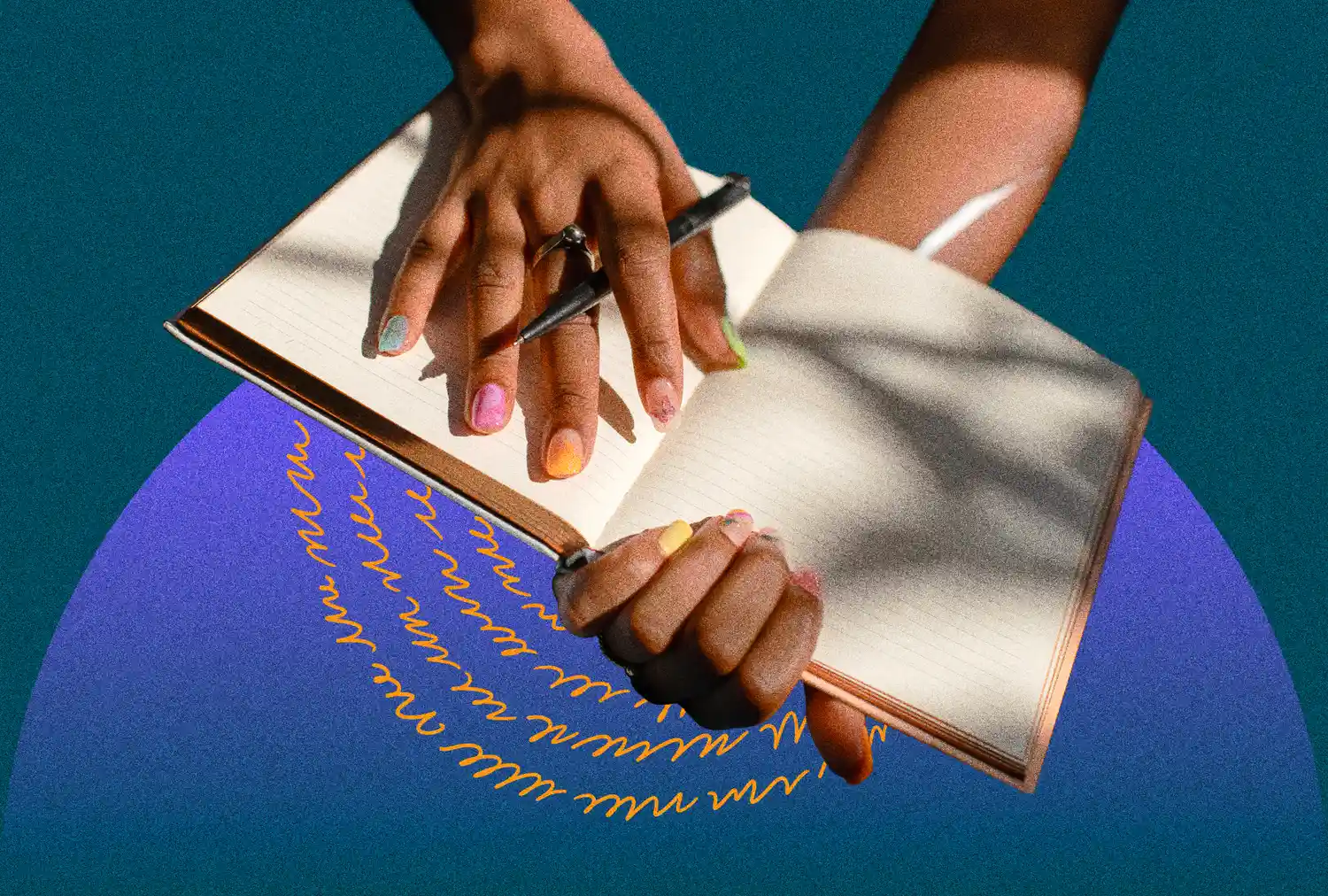 Hands holding and writing in an open journal with a pen artistic overlay and focus on selfreflection concept