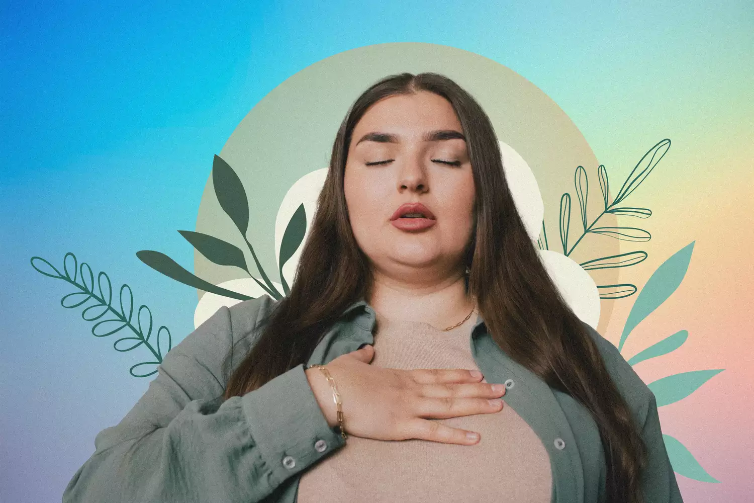 Person with eyes closed hand on chest abstract background