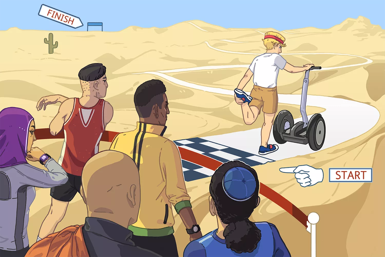 What is white privilege? A white person with a head start in a race