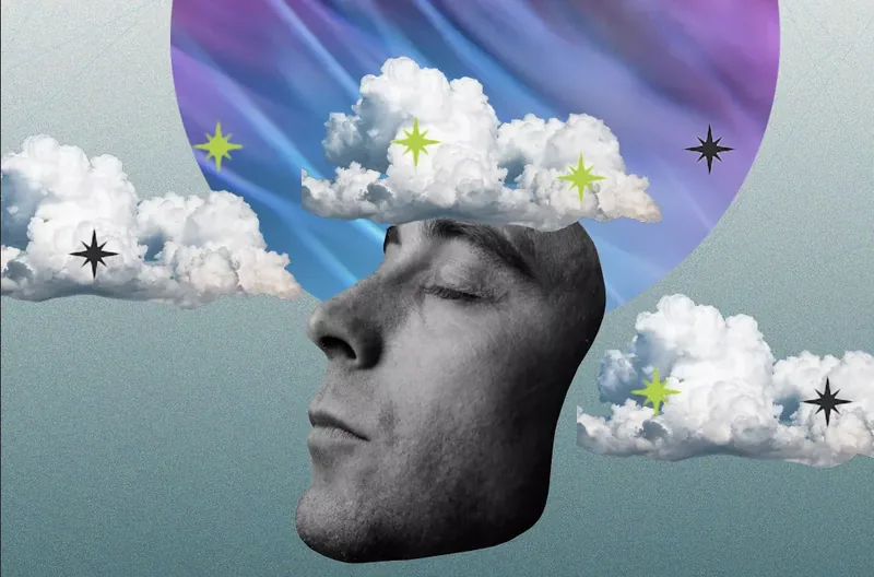 Man closing eyes with clouds surrounding his face
