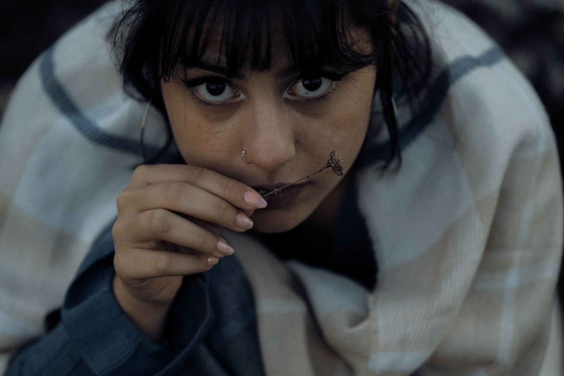 Close-up portrait of a woman with a nose piercing, holding a dry flower, wrapped in a cozy blanket.